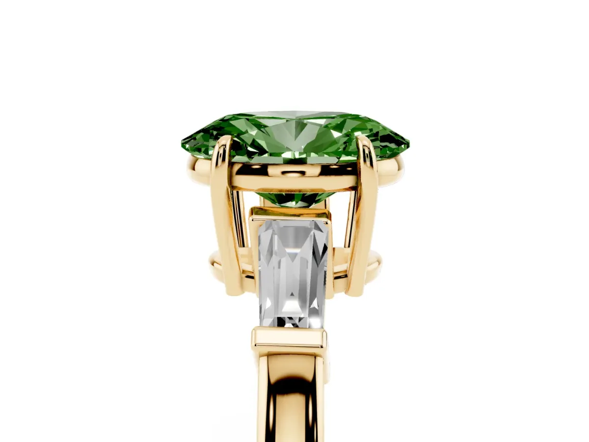 Fancy Green Oval Cut Diamond Three-Stone Ring with Tapered Baguette Side Stones and Prong Setting Yellow gold