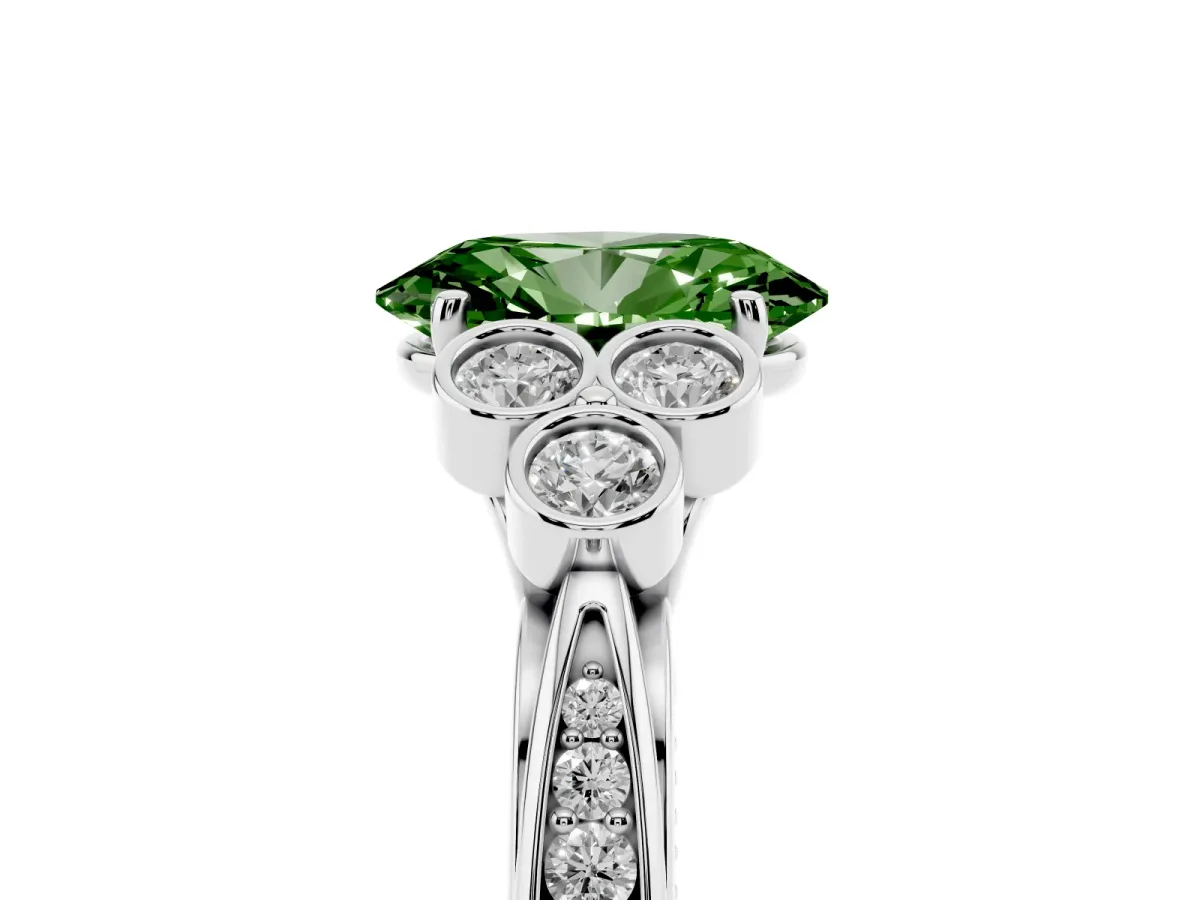 Fancy Green Oval Cut Cut Diamond Engagement Ring with Bezel Set Round Side Stones and Prong Setting Silver