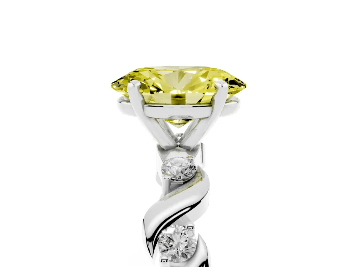 Fancy Yellow Oval Cut Diamond Solitaire Twisted Band with Round Accents and Prong Setting Silver
