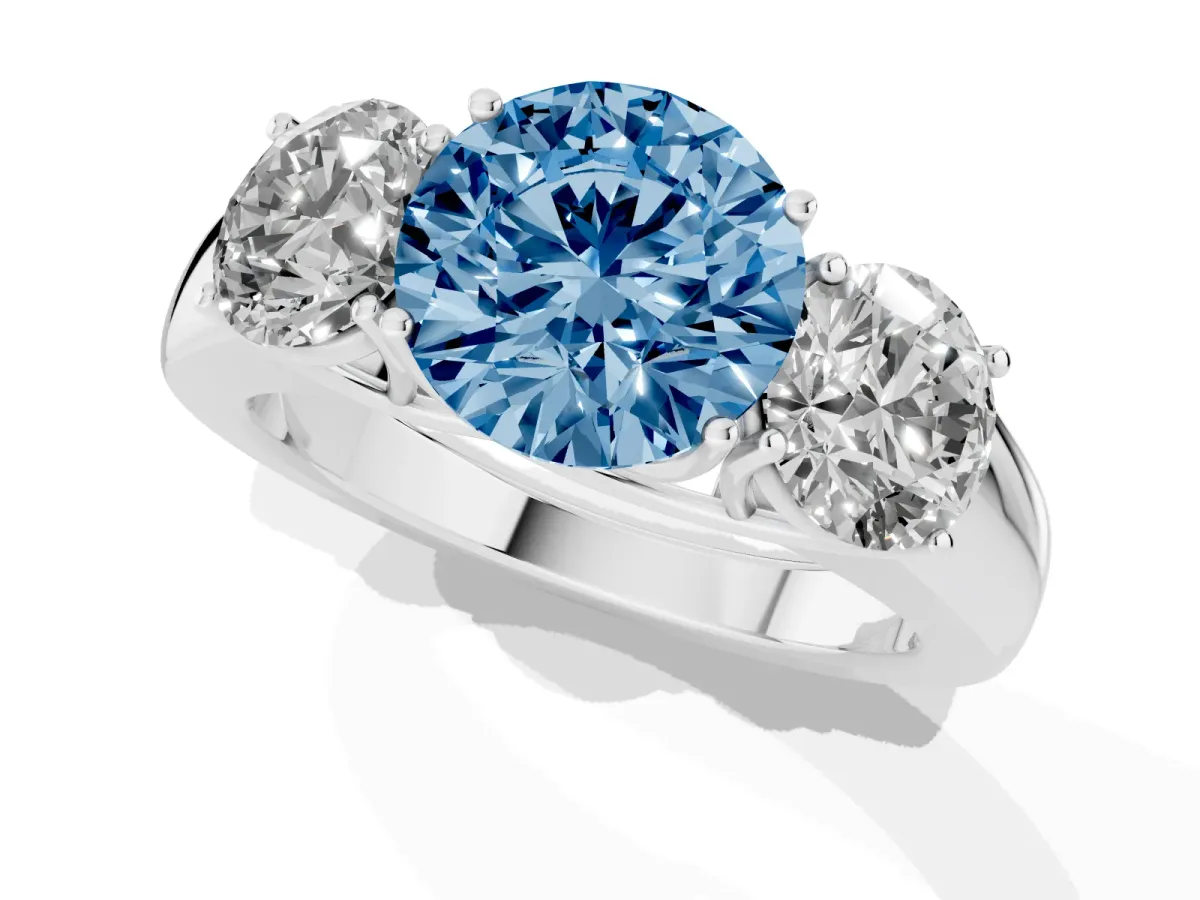 Fancy Blue Three-Stone Round Cut Cut Diamond Ring with Prong Setting and Classic Band Silver