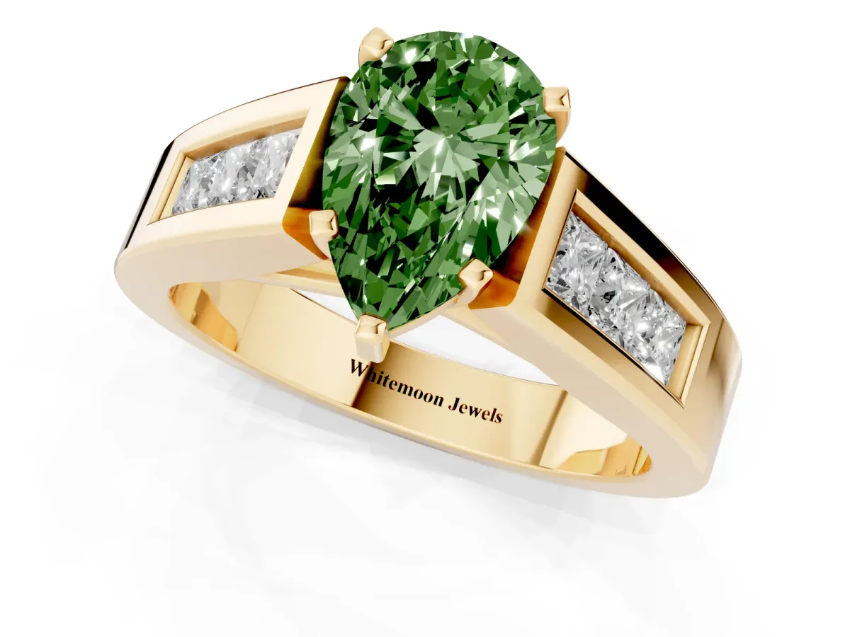 Fancy Green Pear Cut Cut Channel Set Solitaire Ring with Four-Prong Setting Yellow gold