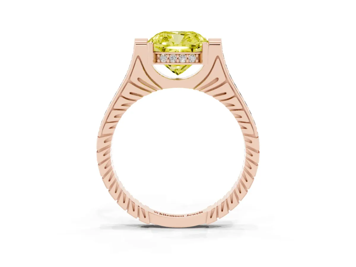 Fancy Yellow Cushion Cut Solitaire Diamond Ring with Channel Set Band and Bezel Prong Setting Rose gold