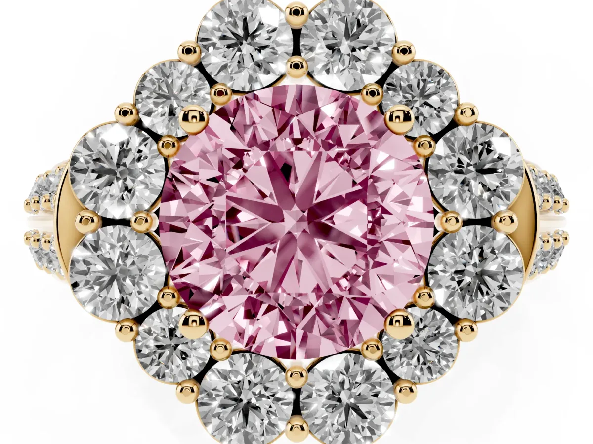 Fancy Pink Round Cut Halo Diamond Engagement Ring with Split Shank and Prong Setting Yellow gold