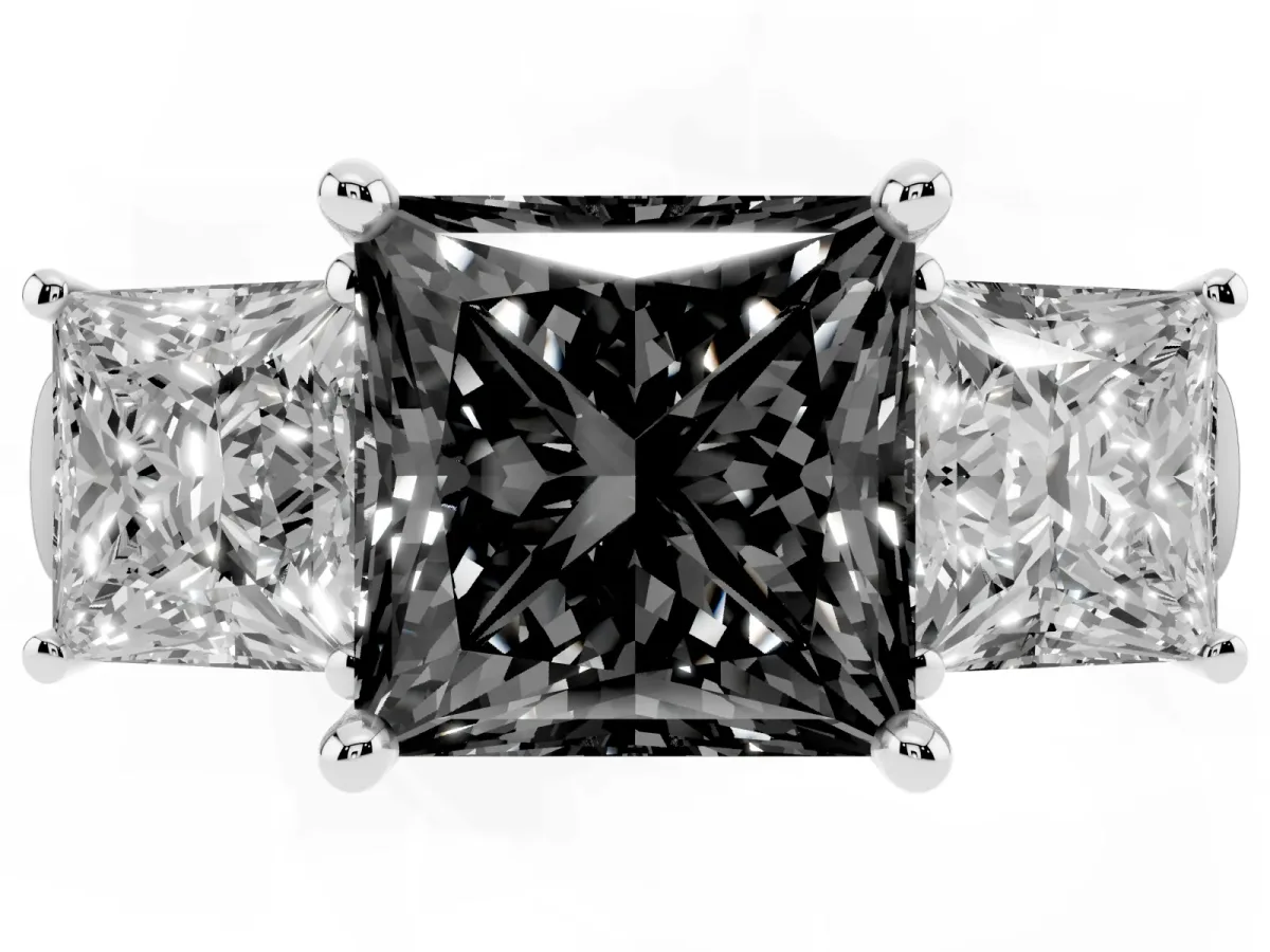 Fancy Black Three-Stone Princess Cut Brilliant Diamond Trellis Ring with Comfort Fit Band Platinum