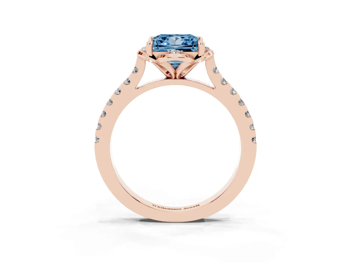 Fancy Blue Princess Cut Diamond Ring with Pavé Band and Floral Prong Setting Rose gold