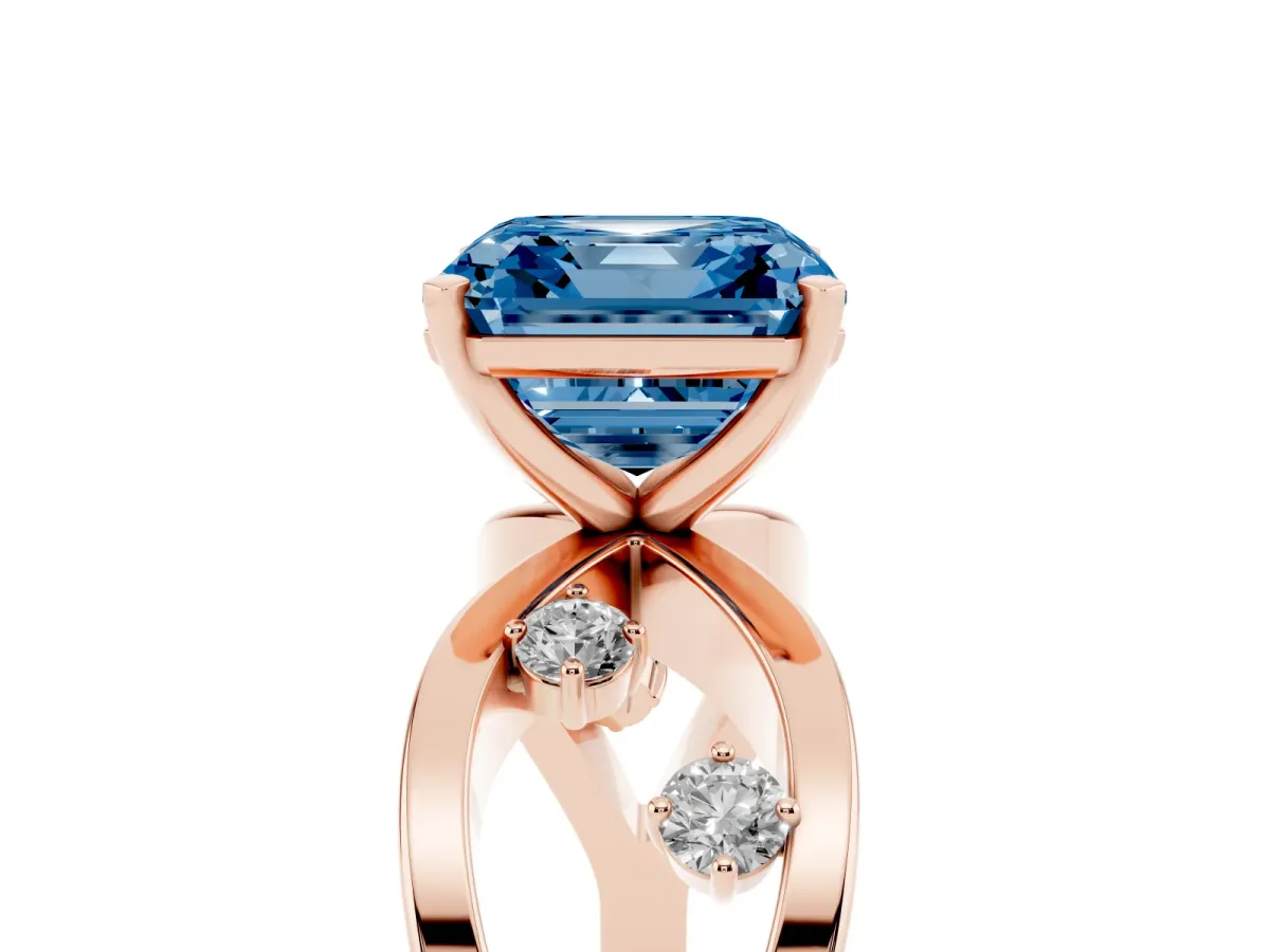 Fancy Blue Asscher Cut Cut Solitaire Diamond with Side Stones on Criss-Cross Band and Four-Prong Setting Rose gold