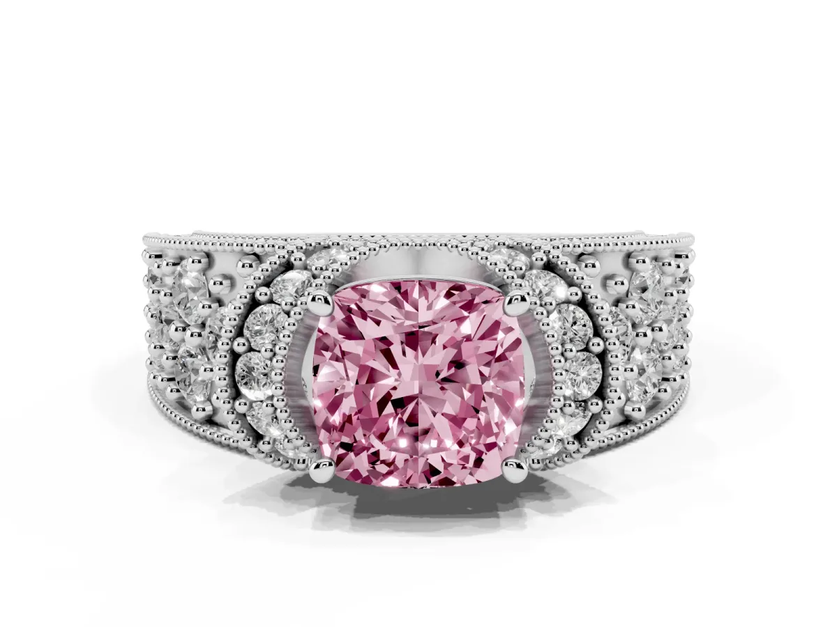 Fancy Pink Cushion Cut Halo Pave Diamond Engagement Ring with Milgrain Detailing Silver