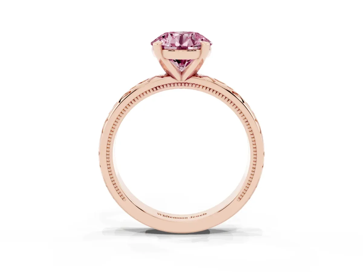 Fancy Pink Round Cut Solitaire Engagement Ring with Scrollwork Band and Four-Prong Setting Rose gold
