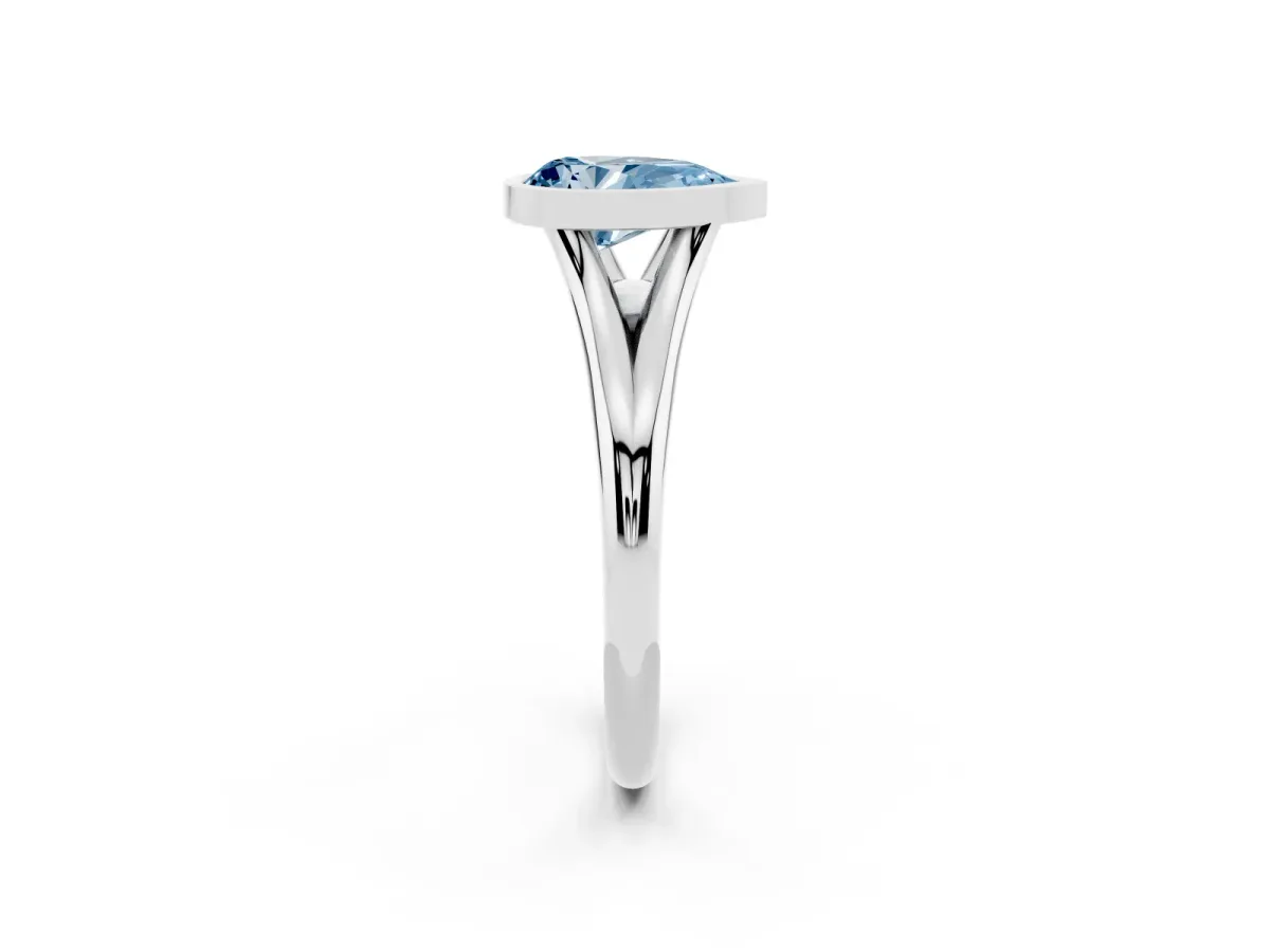 Fancy Blue Bezel Set Pear Cut Cut Solitaire Ring with Tapered Band Platinum