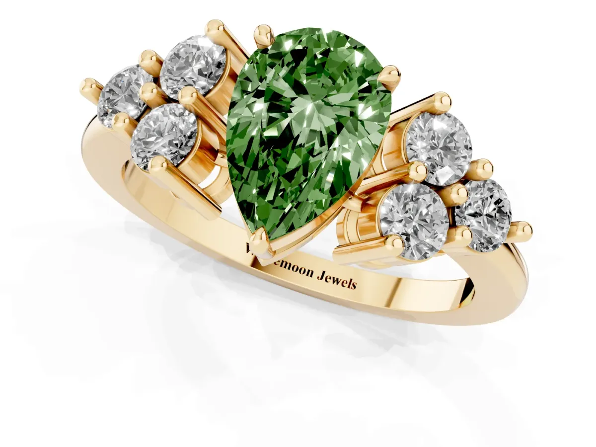 Fancy Green Pear Cut Brilliant Diamond Cluster Accent Solitaire Ring with Prong Setting Yellow gold