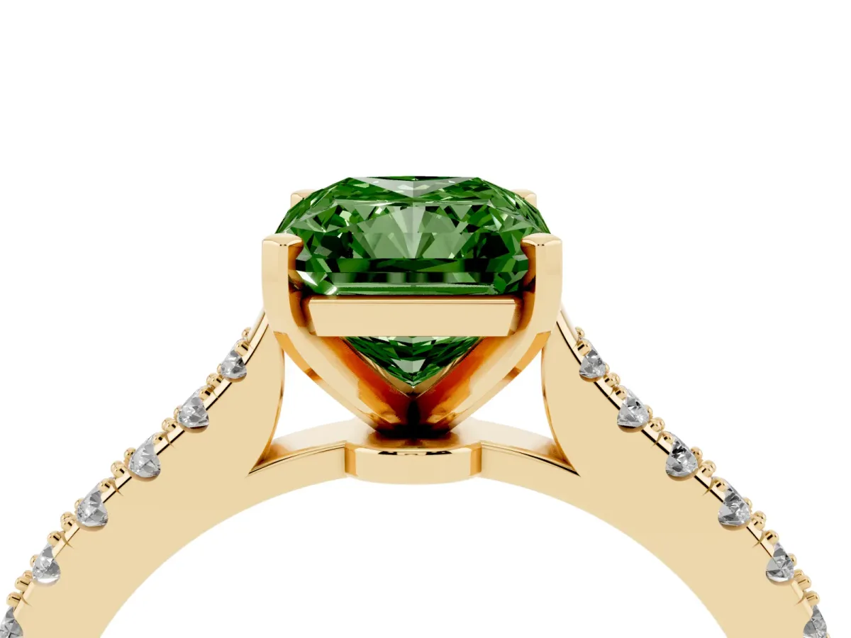 Fancy Green Radiant Cut Cut Solitaire Diamond Engagement Ring with Pave Band and Four-Prong Setting Yellow gold