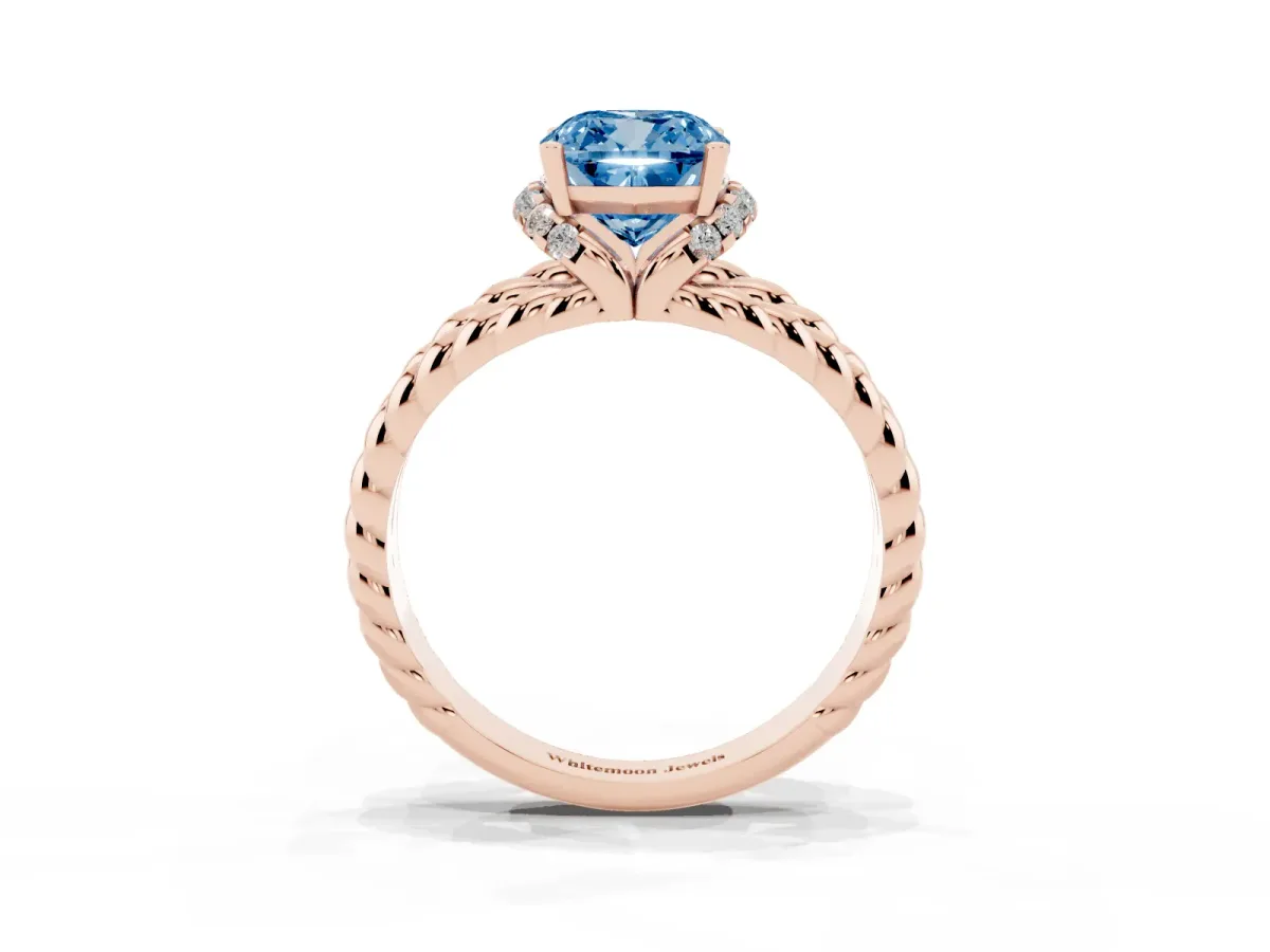 Fancy Blue Cushion Cut Halo Twisted Band Four-Prong Ring Rose gold