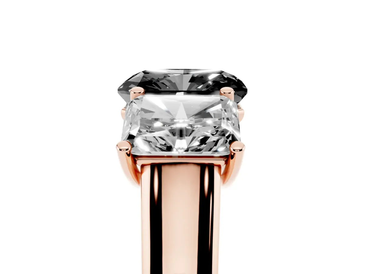 Fancy Black Radiant Cut Three-Stone Diamond Ring with Prong Setting on a Classic Band Rose gold