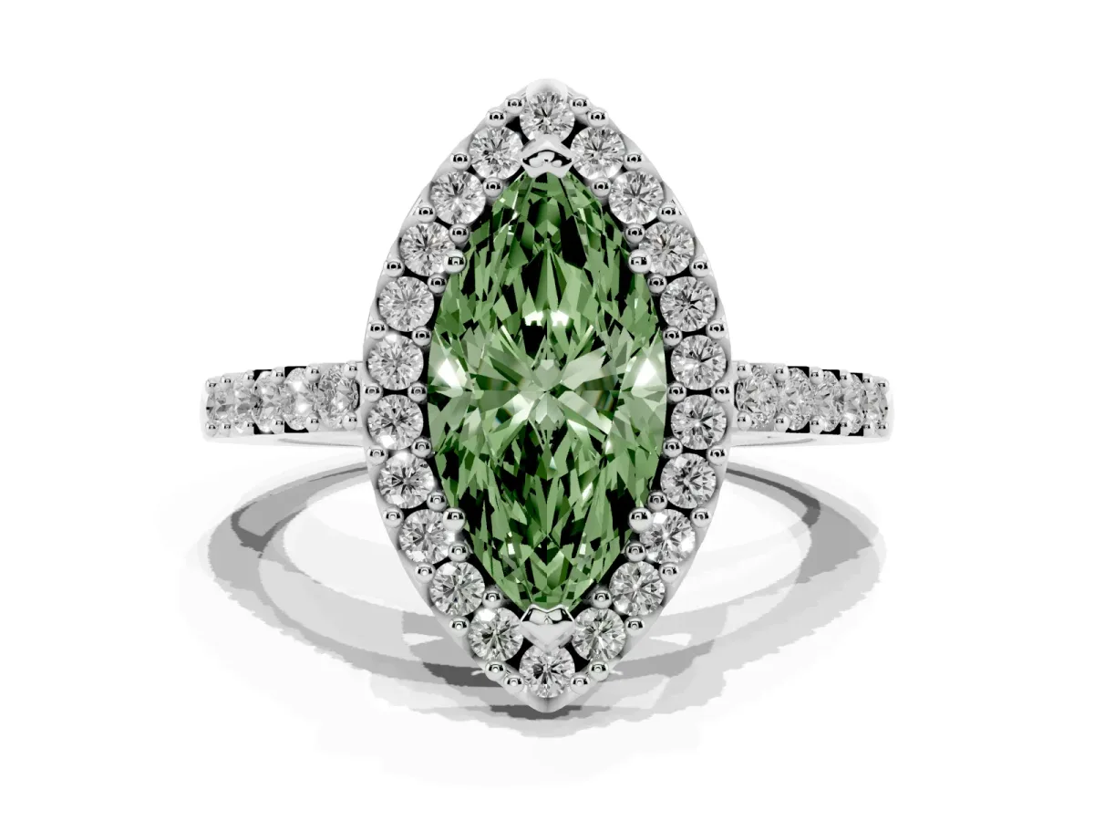 Fancy Green Marquise Cut Halo Diamond Pavé Solitaire Ring Silver