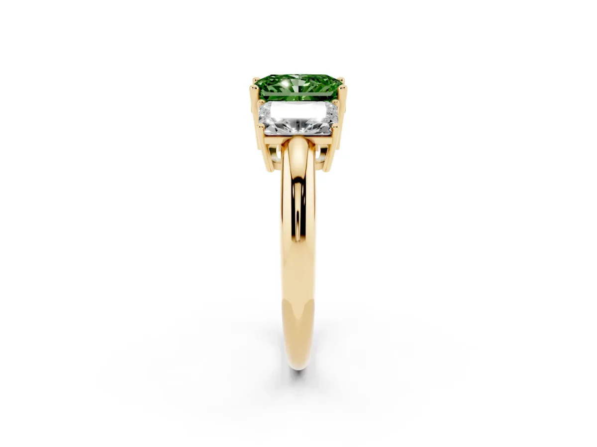Fancy Green Three-Stone Radiant Cut Cut Diamond Engagement Ring with Prong Setting on a White Gold Band Yellow gold
