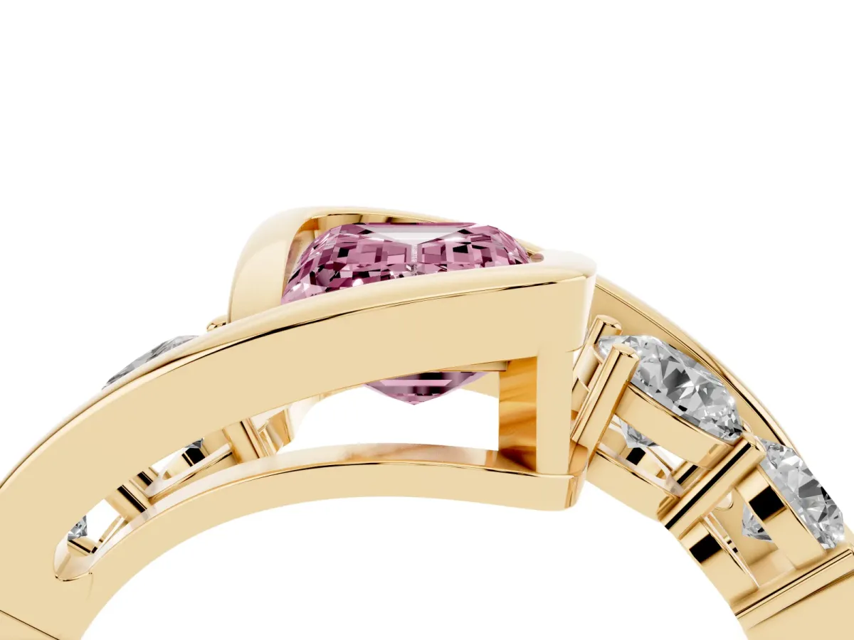 Fancy Pink Bezel Set Emerald Cut Diamond Bypass Ring with Round Accents Yellow gold