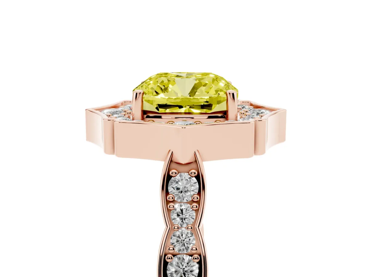 Fancy Yellow Cushion Cut Halo Diamond Engagement Ring with Milgrain Band and Four-Prong Setting Rose gold