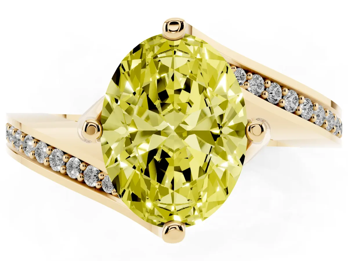 Fancy Yellow Oval Cut Solitaire Diamond Twist Band with Pavé Setting and Four-Prong Setting Yellow gold