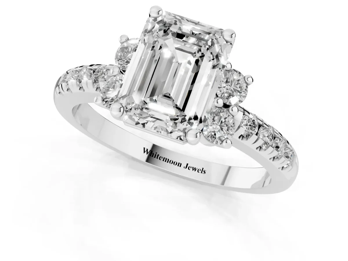 Emerald Cut Diamond Three-Stone Pave Band with Four-Prong Setting Platinum