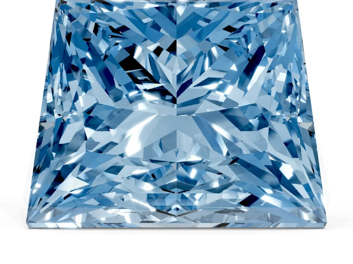Fancy Blue Princess Cut Halo Diamond Ring with Milgrain and Bezel Accents on a Split Shank Band Yellow gold