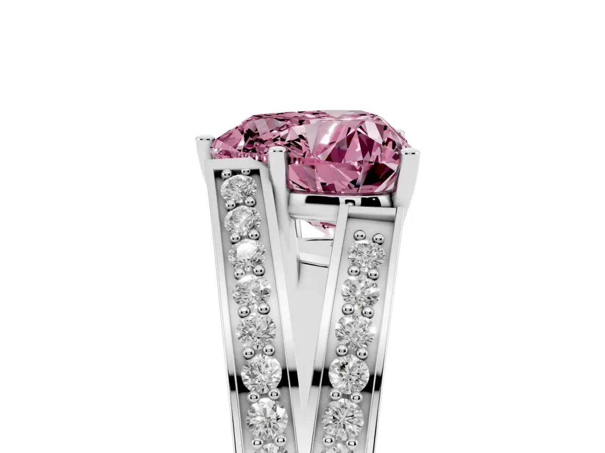 Fancy Pink Heart Cut Diamond Split Shank Ring with Pavé Band and Four-Prong Setting Silver