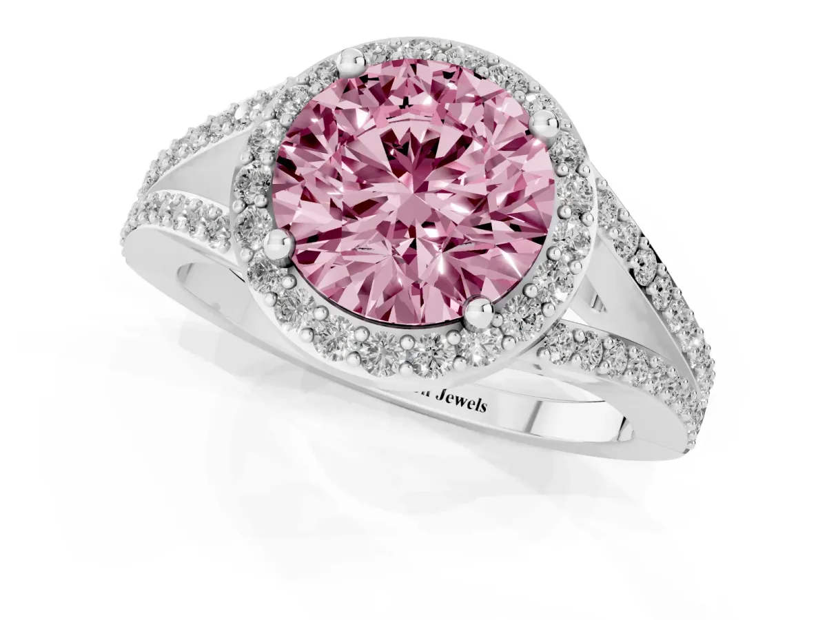 Fancy Pink Round Cut Halo Split Shank Diamond Ring with Prong Setting Silver