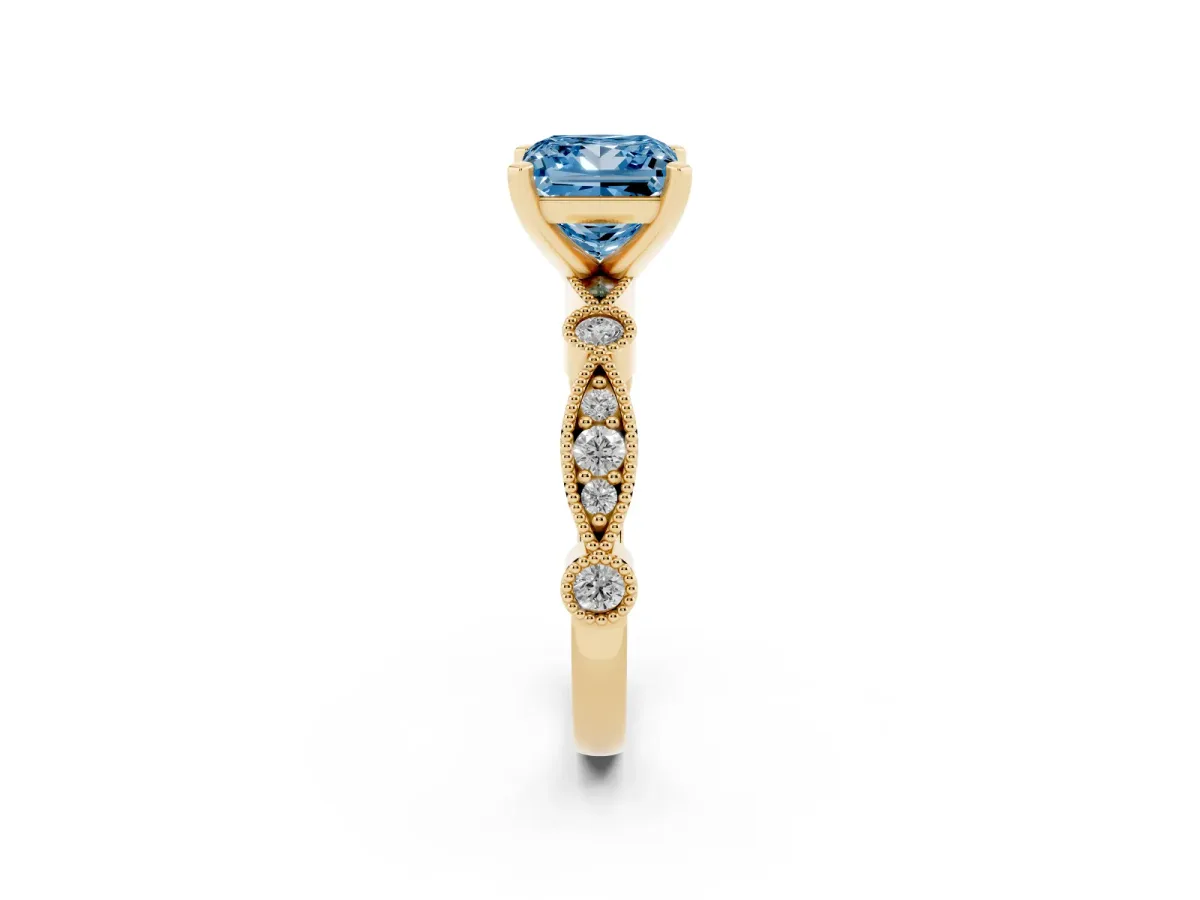 Fancy Blue Princess Cut Milgrain Bezel Diamond Engagement Ring with Solitaire Prong Setting Yellow gold