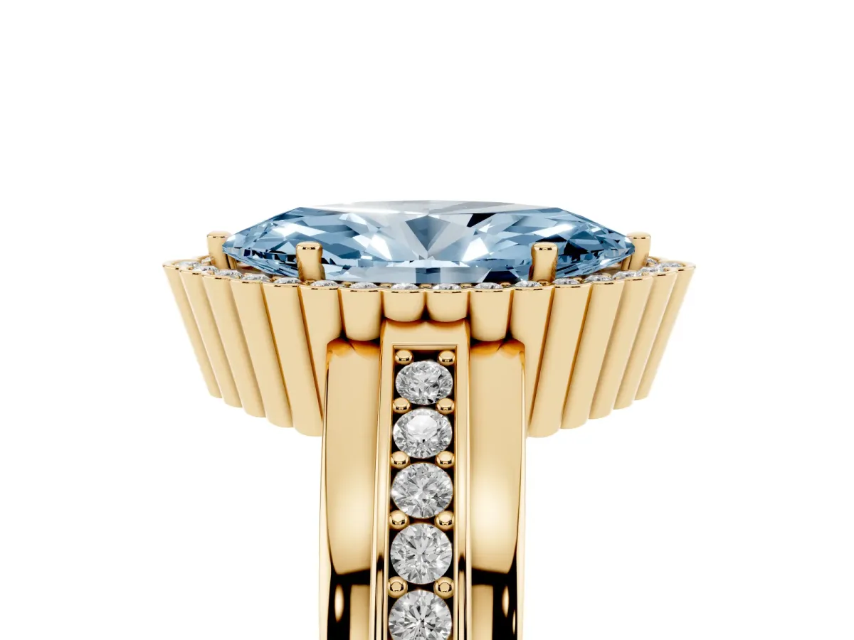 Fancy Blue Marquise Cut Cut Halo Pave Band Four-Prong Ring Yellow gold
