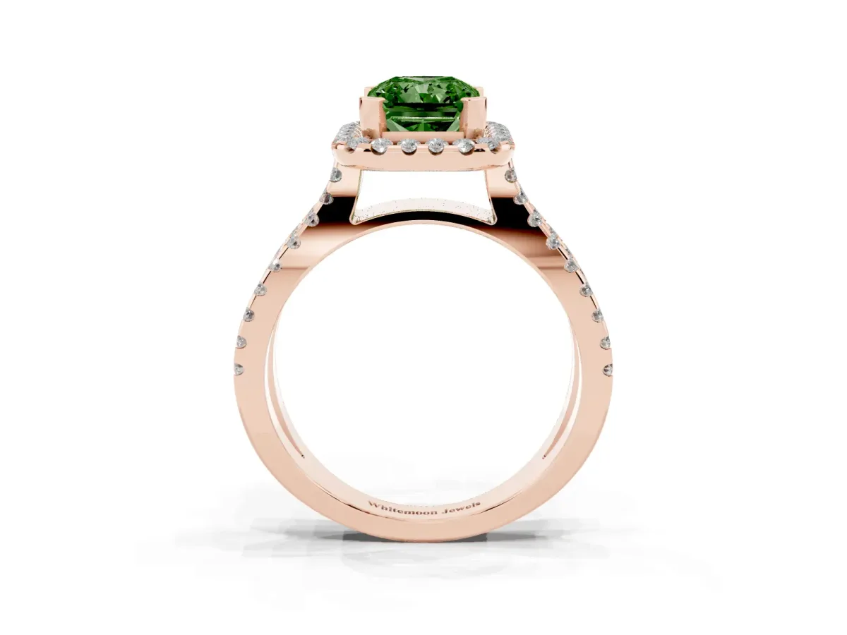 Fancy Green Radiant Cut Diamond Halo Ring with Split Shank Pavé Band and Prong Setting Rose gold