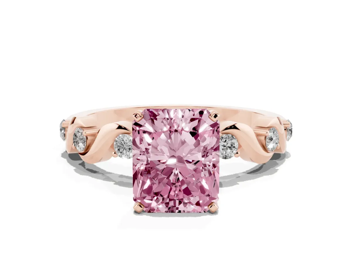 Fancy Pink Radiant Cut Diamond Solitaire Twisted Band with Round Accents and Prong Setting Rose gold