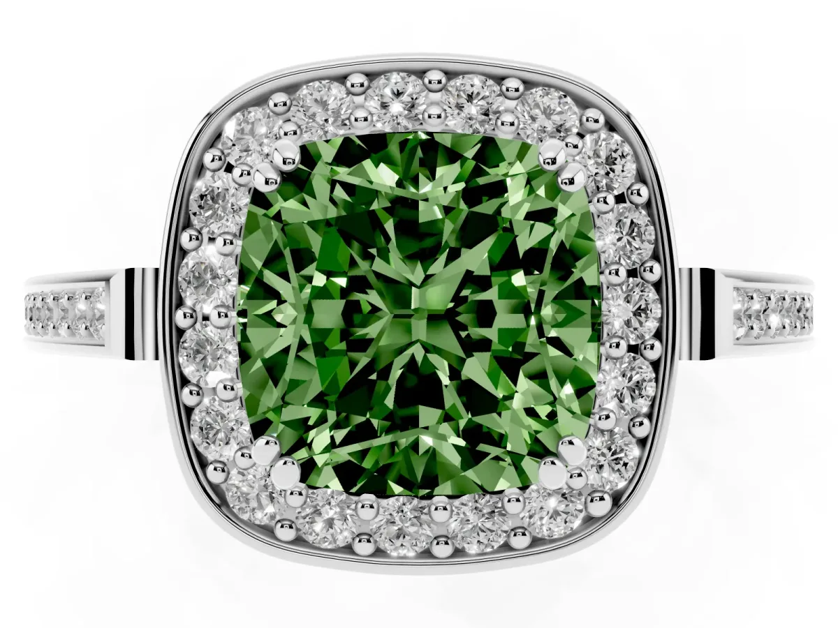Fancy Green Cushion Cut Diamond Halo Ring with Split Shank and Four-Prong Setting Silver
