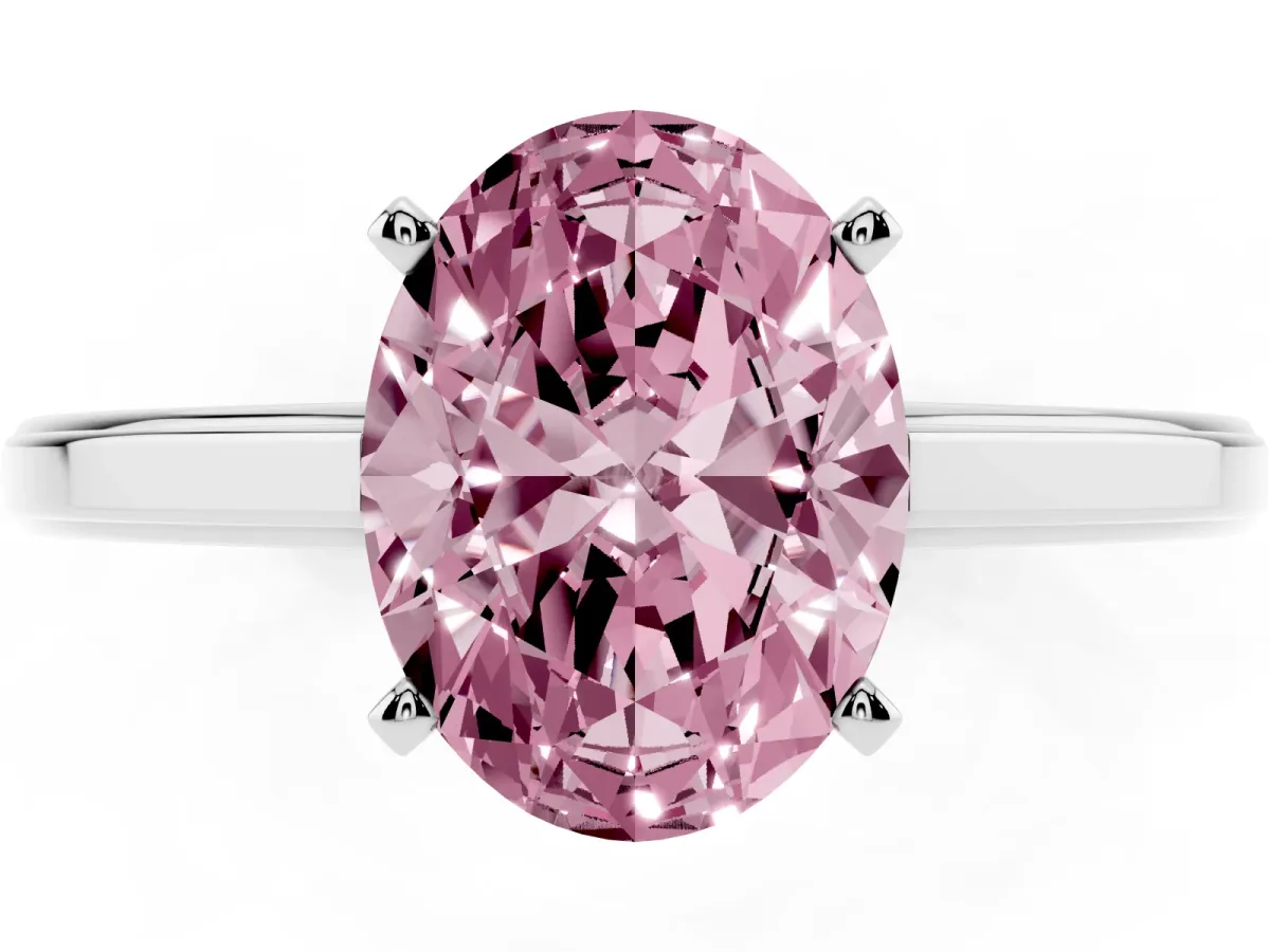 Fancy Pink Oval Cut Solitaire Diamond Ring with Four-Prong Setting and Classic Band Platinum