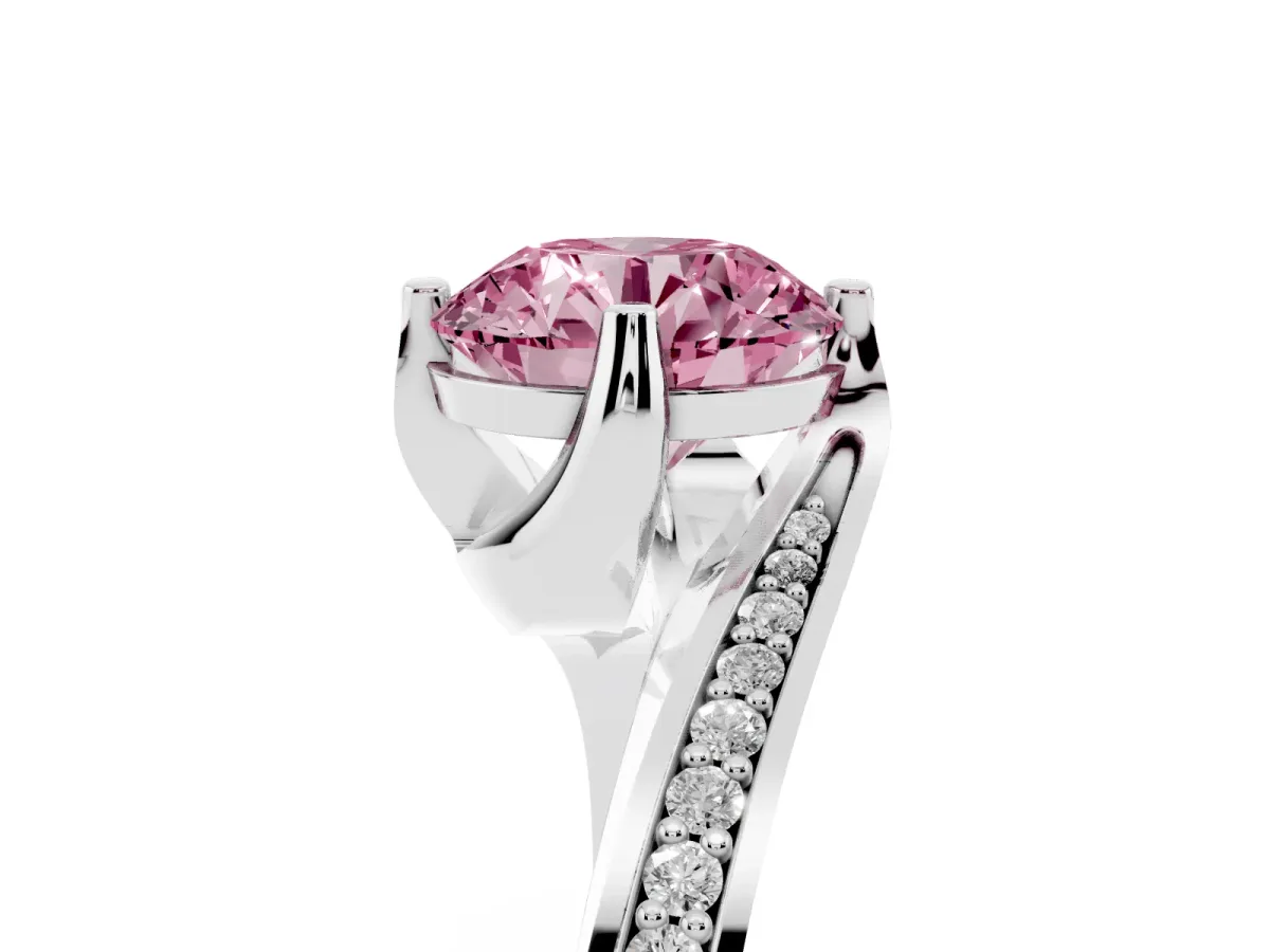 Fancy Pink Round Cut Solitaire Diamond Twist Band with Pavé Setting and Four-Prong Setting Silver