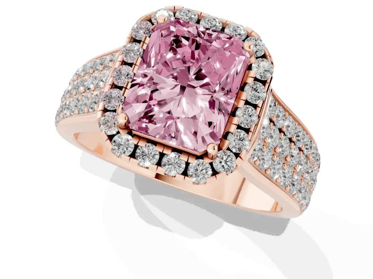 Fancy Pink Radiant Cut Halo Round Diamond Pave Band with Prong Setting Rose gold