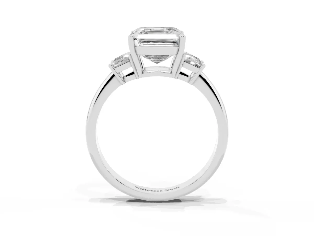 Asscher Cut Diamond Three-Stone Ring with Trapezoid Side Stones and Prong Setting Silver