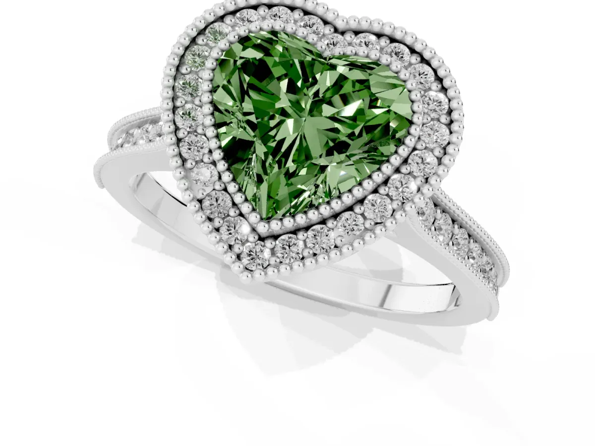 Fancy Green Halo Heart Cut-Cut Diamond Pave Band Milgrain Prong Setting Ring Silver