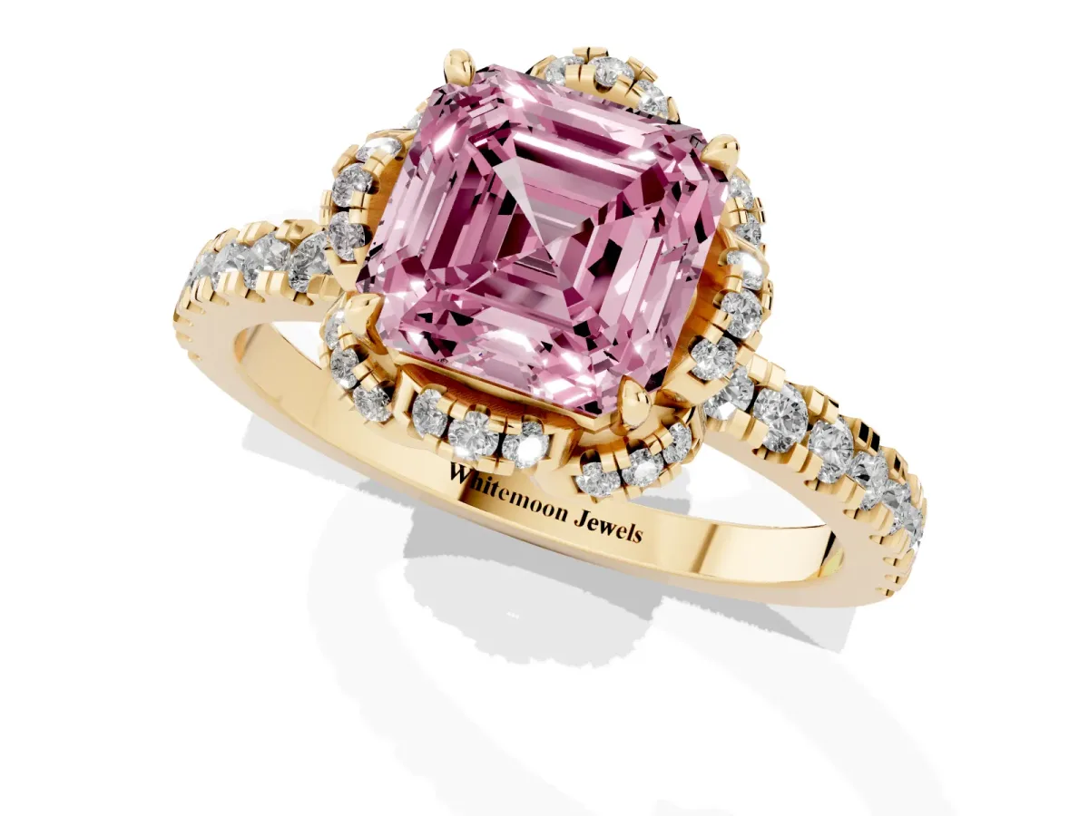 Fancy Pink Asscher Cut Diamond Halo Pave Band with Four-Prong Setting Yellow gold