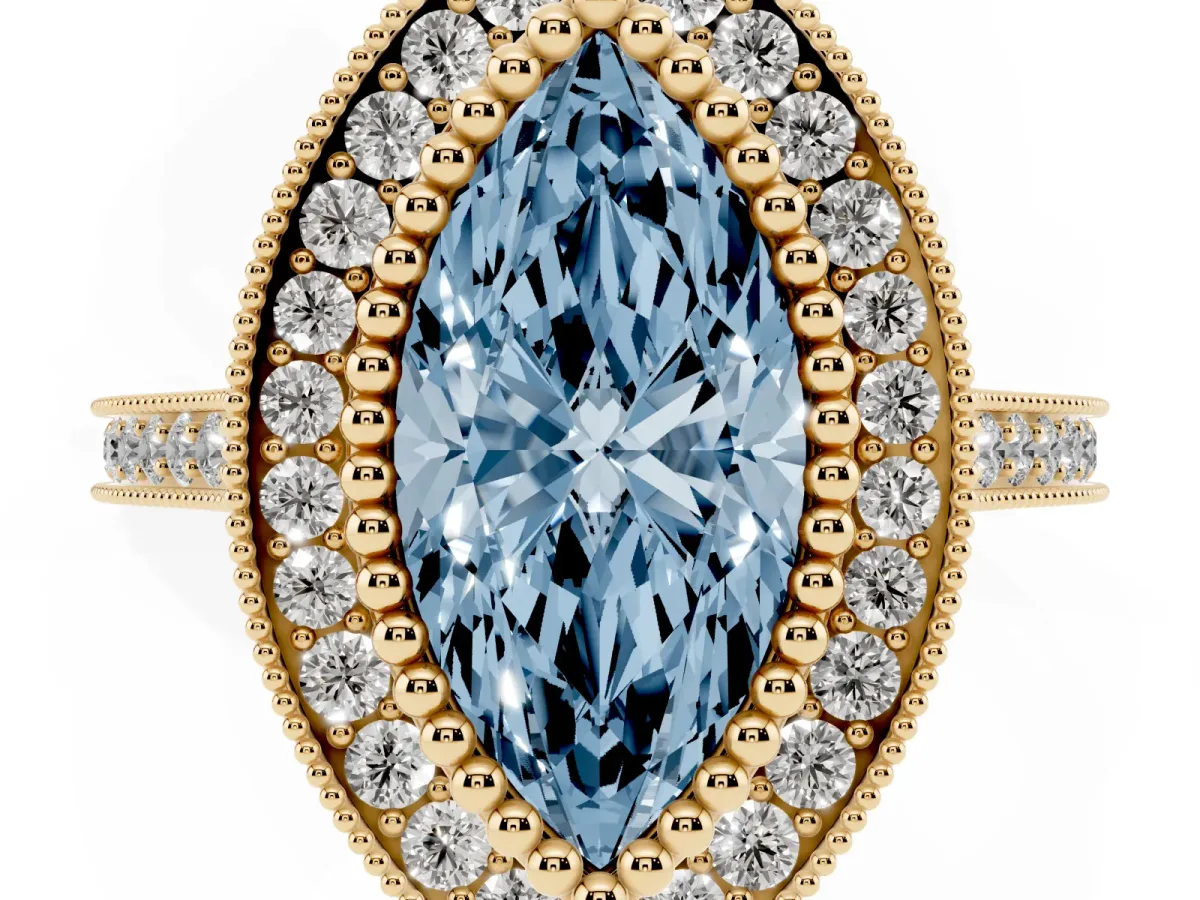 Fancy Blue Marquise Cut Diamond Halo Ring with Milgrain Frame and Pavé Band Yellow gold
