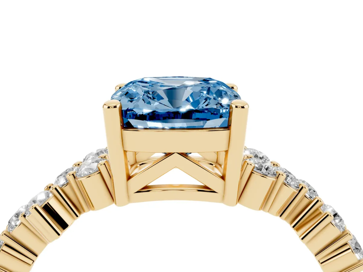 Fancy Blue Cushion Cut Diamond Scattered Round Accent Ring with Prong Setting Yellow gold
