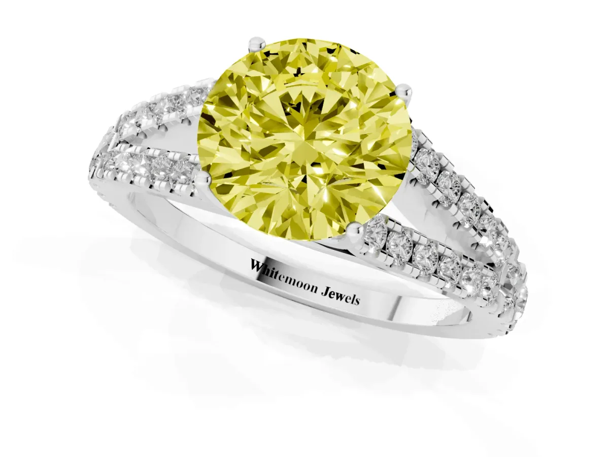 Fancy Yellow Round Cut Diamond Split Shank Engagement Ring with Round Pavé and Prong Setting Platinum