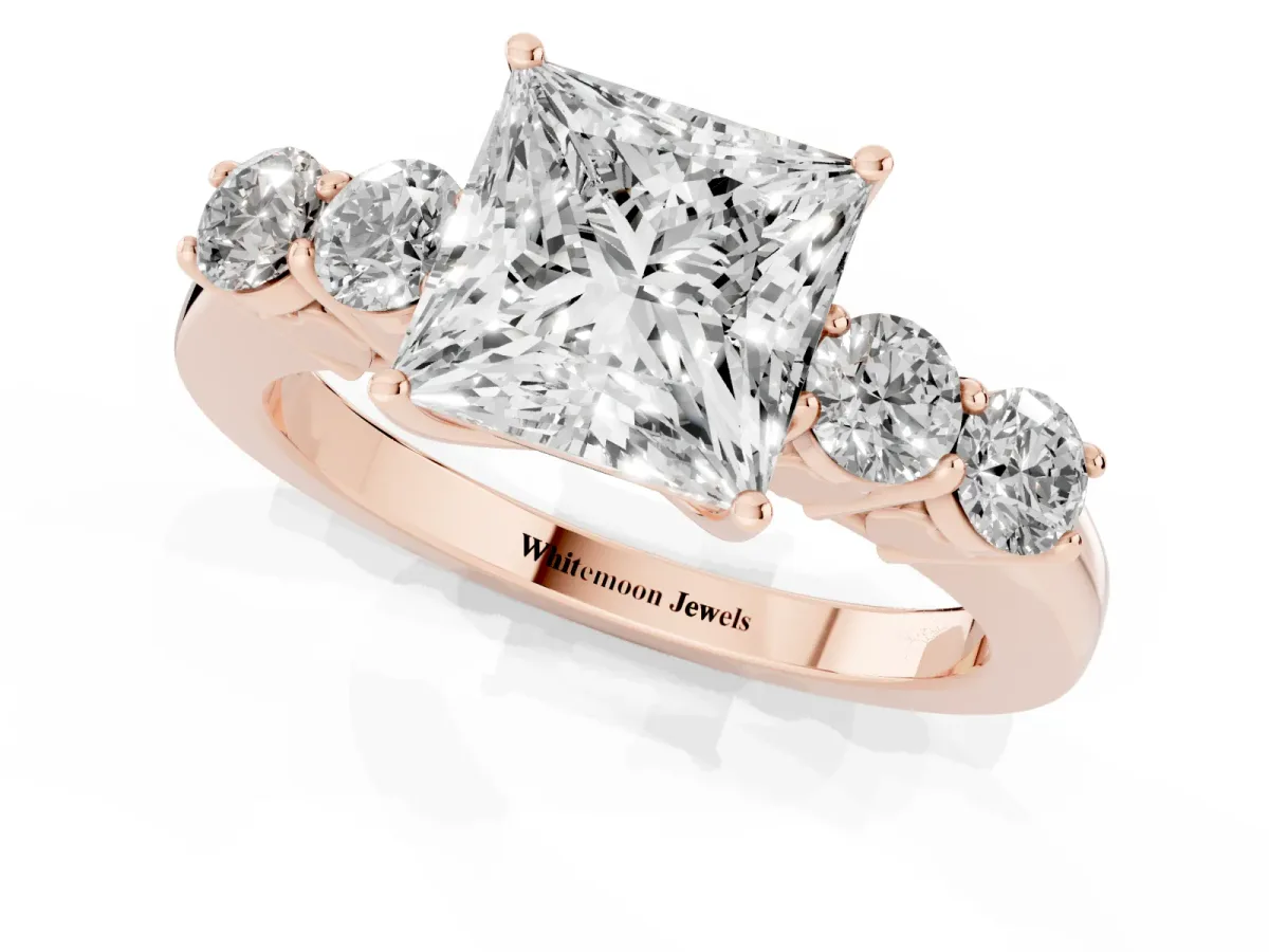 Princess Cut Cut Diamond Five-Stone Prong Set White Gold Ring Rose gold