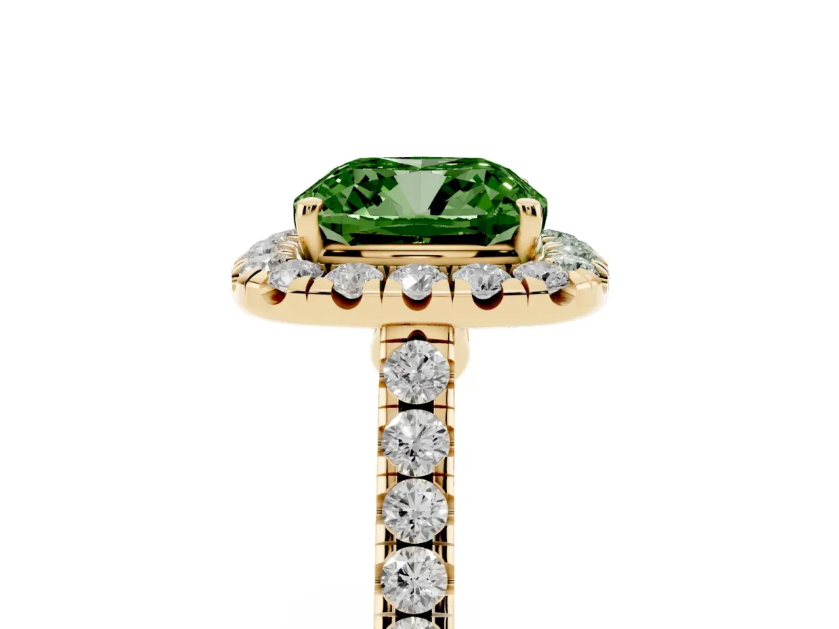 Fancy Green Cushion Cut Halo Pave Diamond Engagement Ring with Four-Prong Setting Yellow gold