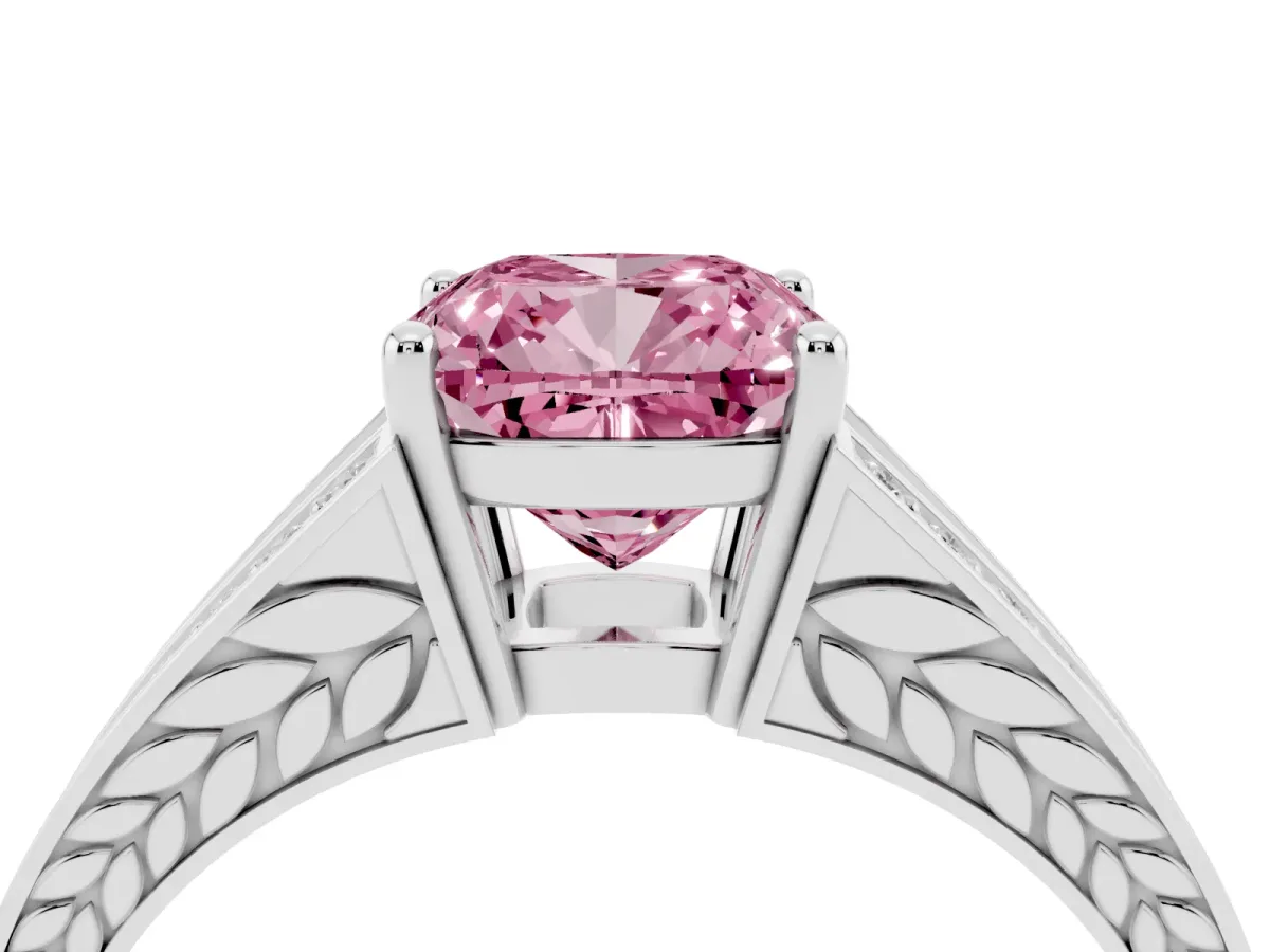 Fancy Pink Cushion Cut Diamond Split Shank Ring with Pavé Band and Four-Prong Setting Silver