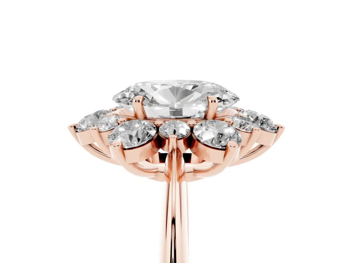Oval Cut Diamond Cluster Halo Ring with Solitaire Band and Four-Prong Setting Rose gold