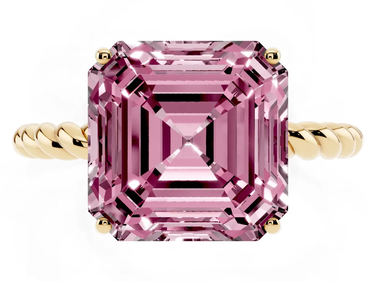 Fancy Pink Asscher Cut Solitaire Twist Band Ring with Four-Prong Setting Yellow gold