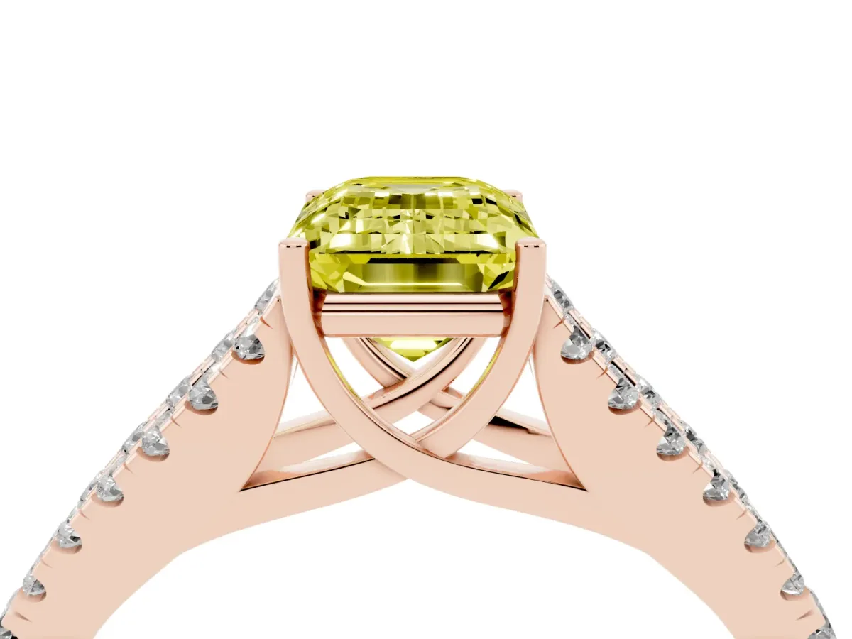 Fancy Yellow Emerald Cut Diamond Split Shank Engagement Ring with Round Pavé and Prong Setting Rose gold