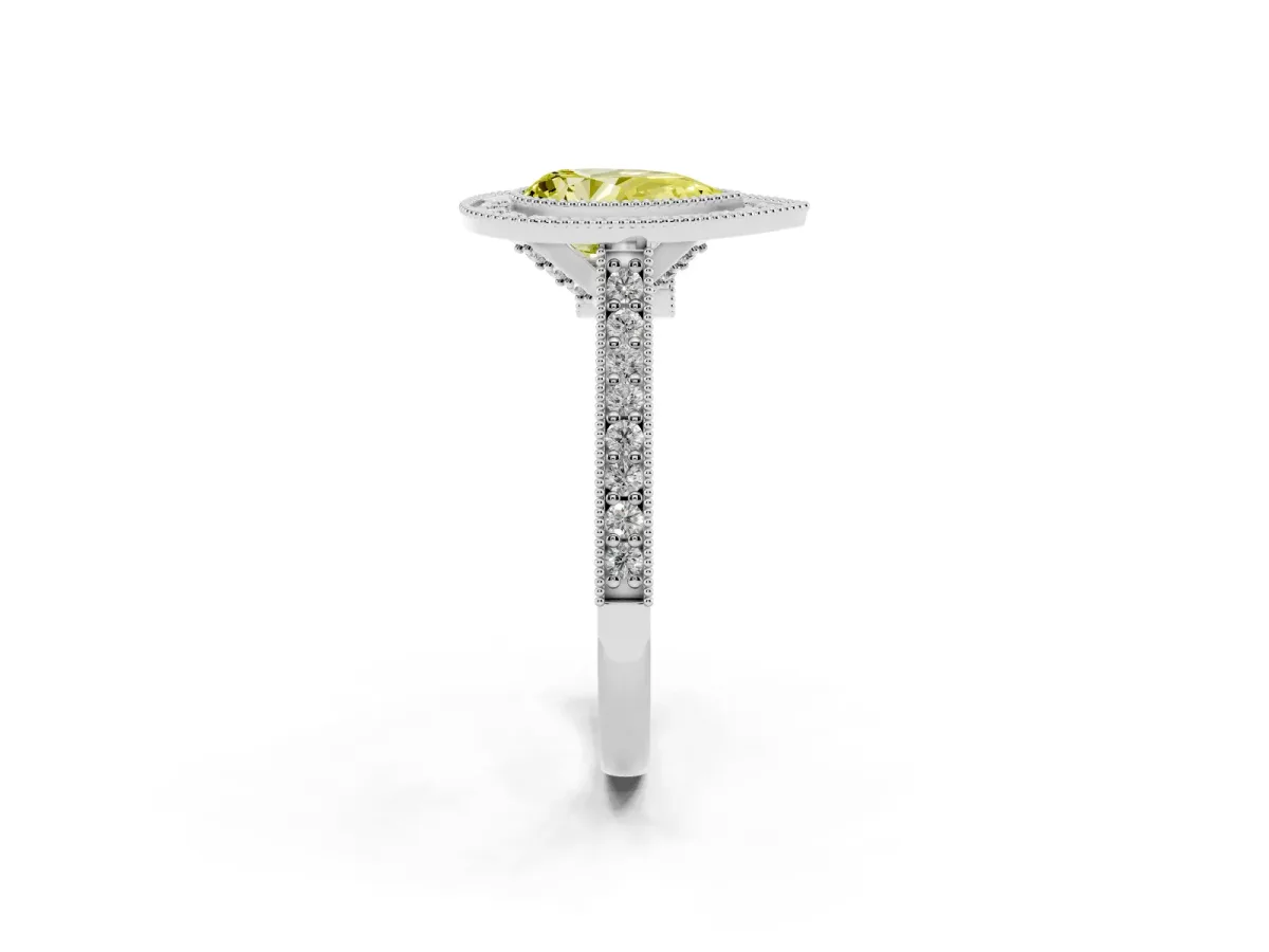 Fancy Yellow Halo Pear Cut-Cut Diamond Pave Band Milgrain Prong Setting Ring Platinum