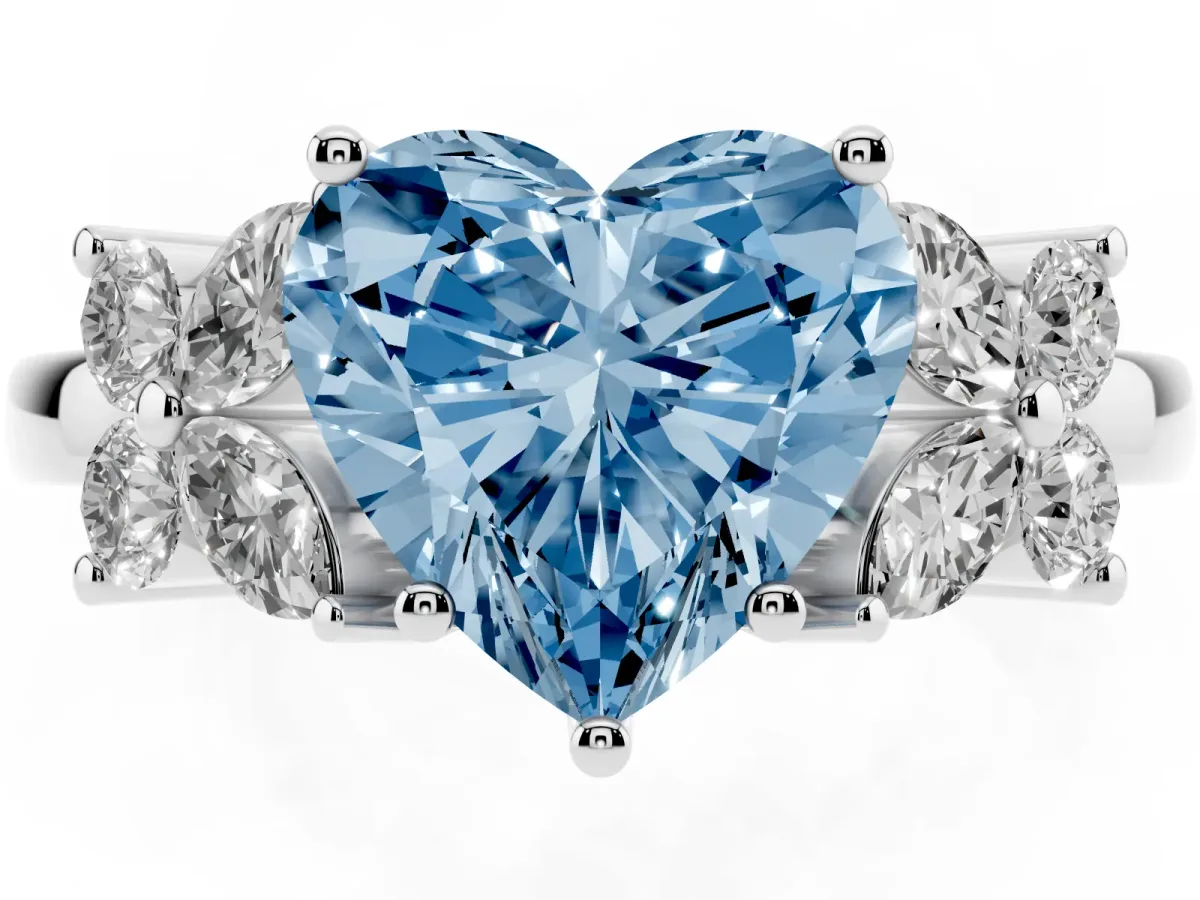 Fancy Blue Heart Cut Diamond Floral Cluster Ring with Solitaire Band and Prong Setting Platinum