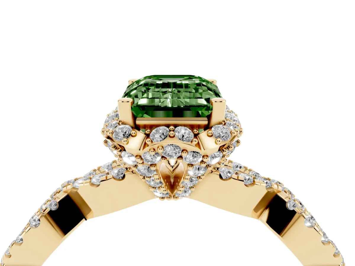 Fancy Green Emerald Cut Halo Twist Band Solitaire Ring with Six-Prong Setting Yellow gold