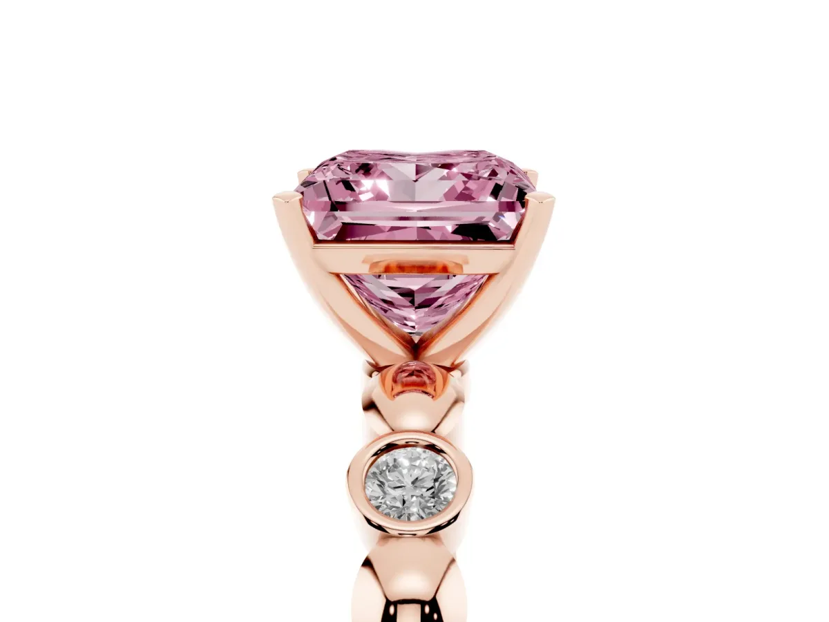Fancy Pink Princess Cut Solitaire Bezel-Set Diamond Ring with Beaded Band and Four-Prong Setting Rose gold